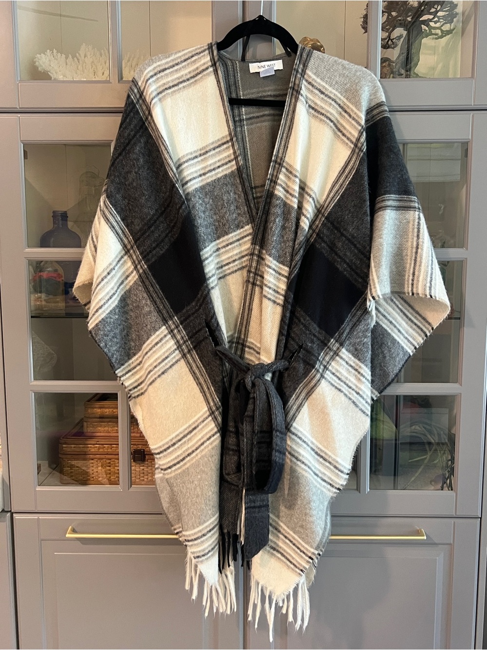 Nine West Black, Gray & Cream Plaid Fringe Belted Poncho